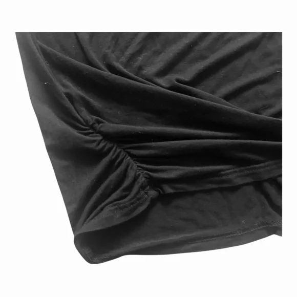 Vintage casual black top shirt L scooped neck line 3/4 ruched sleeve/hem graphic - Picture 10 of 12